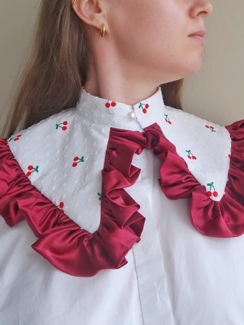 Girls' White Cherry Print Capelet with Red Satin Ruffle